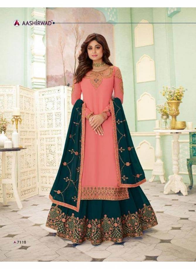Ashirwad Fizza Real Georgette with Dull Santoon Inner Designer Wedding and Partywear Suit Sharara Suit Collection